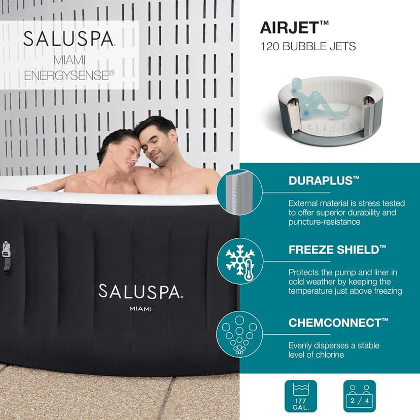 Bestway SaluSpa Miami EnergySense AirJet Inflatable Hot Tub Spa (71" x 26") | Portable Hot Tub with 2 Covers (1 Energy-Efficient Thermal Cover and 1 Standard Cover) | Fits Up to 2-4 Persons | Black