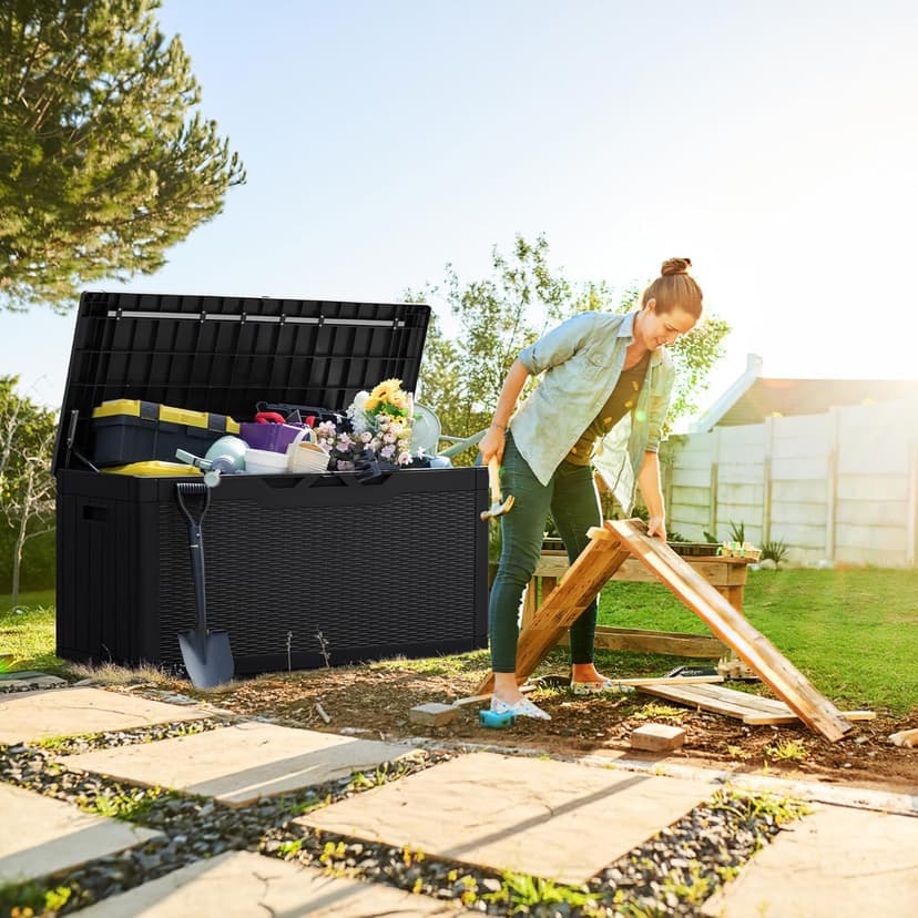 Greesum 100 Gallon Resin Deck Box Lockable Large Outdoor Storage Boxes for Garden Tools, Patio Furniture Cushions, Pool Supplies, Black