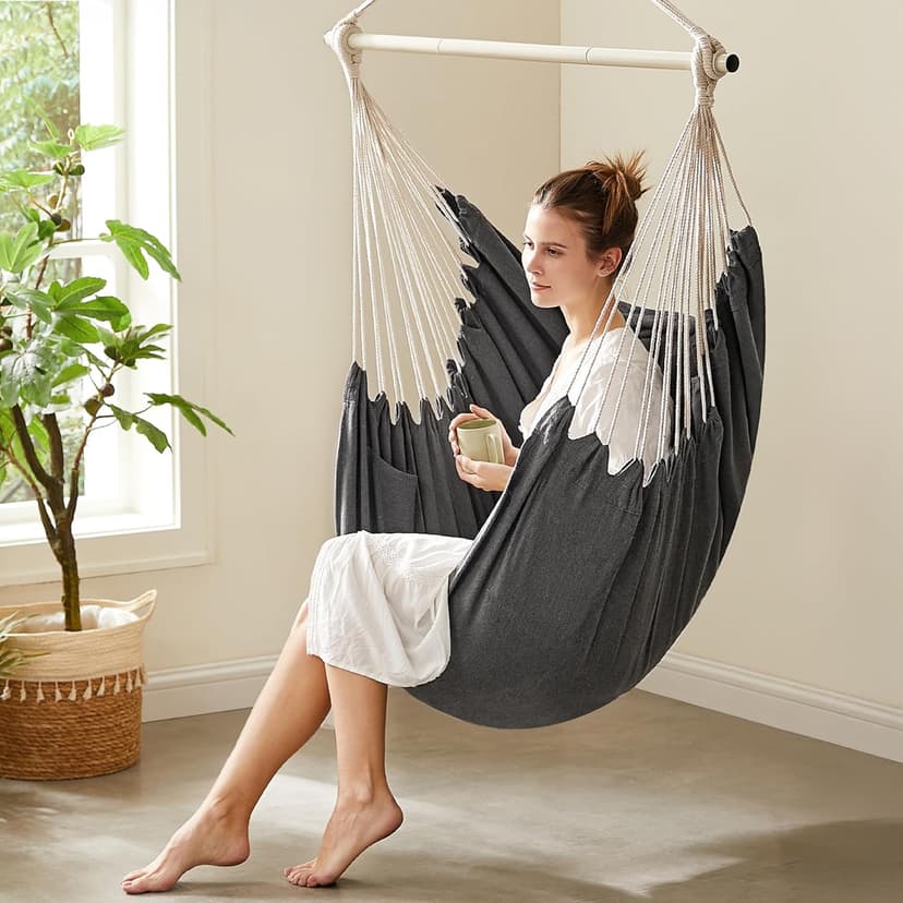 SONGMICS Hammock Chair, Load Capacity 500 lb, Hanging Chair with 2 Cushions, Large Hammock Swing with Chain and Pocket, for Indoor, Outdoor, Living Room, Bedroom, Slate Gray UGDC197G02
