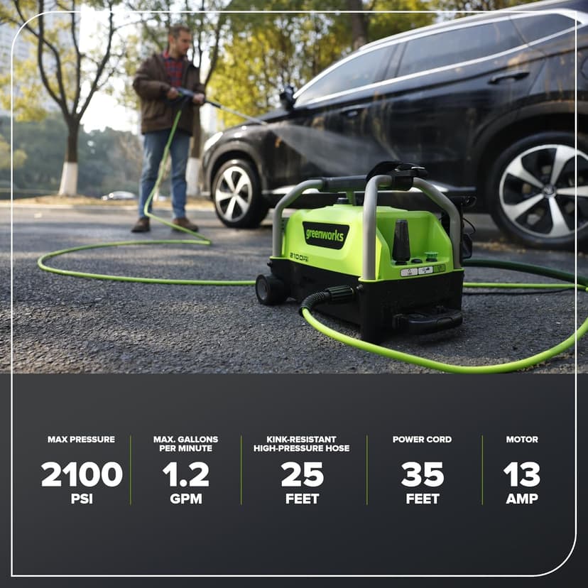 Greenworks 2100 PSI (SGS Certified) 1.2 GPM 13Amp Compact Electric Pressure Washer Telescoping Handle Power Washer for Cars, Driveways, Patios, Patio Furniture & Around Pools