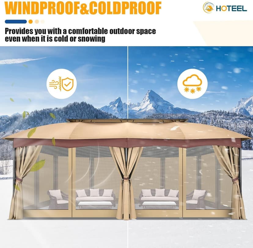 HOTEEL Gazebo 12x20, Outdoor Gazebo on Clearance with Double Ventilated Arc Roof, Privacy Curtains & Mosquito Netting, Easy Set up Canopy Tent with Stable Metal Frame for Patio, Khaki (Upgraded 2.0)