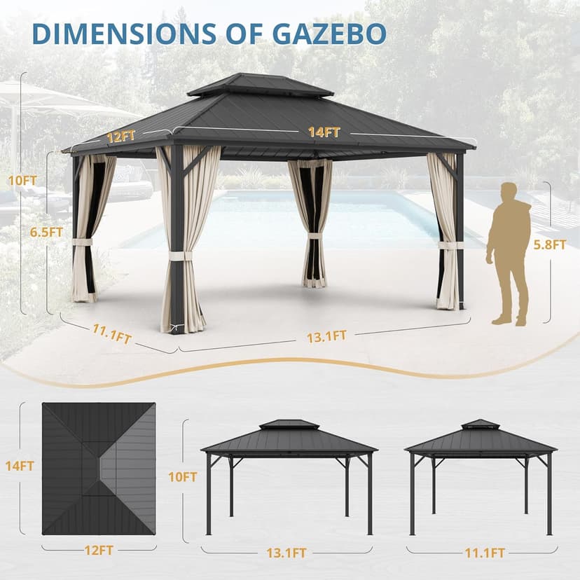 LUE BONA 12'x14' Hardtop Gazebos, Aluminum Frame Permanent Pavilion with Curtains and Netting, Double Galvanized Steel Roof Gazebo Outdoor, Metal Gazebo Canopy for Garden, Lawns, Patio, Black