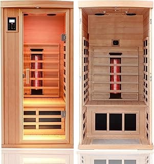Ceramic 1 Person Infrared Sauna Far Infrared Saunas for Home Hemlock Wood Indoor Sauna Room 2 in 1 Sauna with Low EMF Heaters + Ceramic Heating Cube-Chromotherapy-Bluetooth Speaker