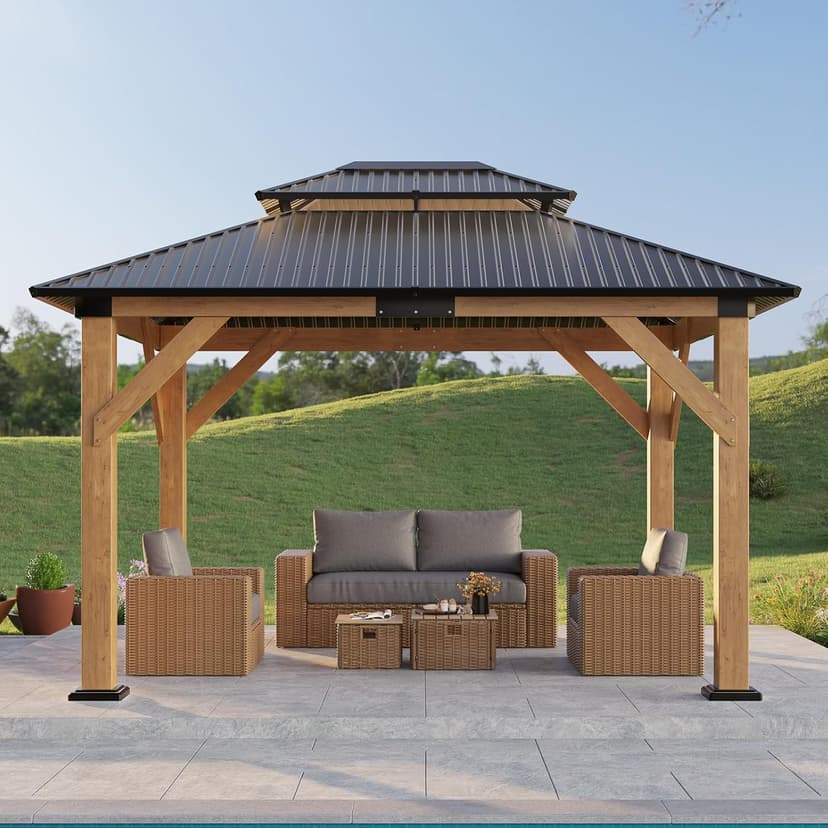 10x12 Wood Gazebo, Hardtop Outdoor Gazebo with Aluminum Double Roof, Outdoor Wooden Pavilion for Parties, Backyard, Patio, Lawns, Black + Natural Wood