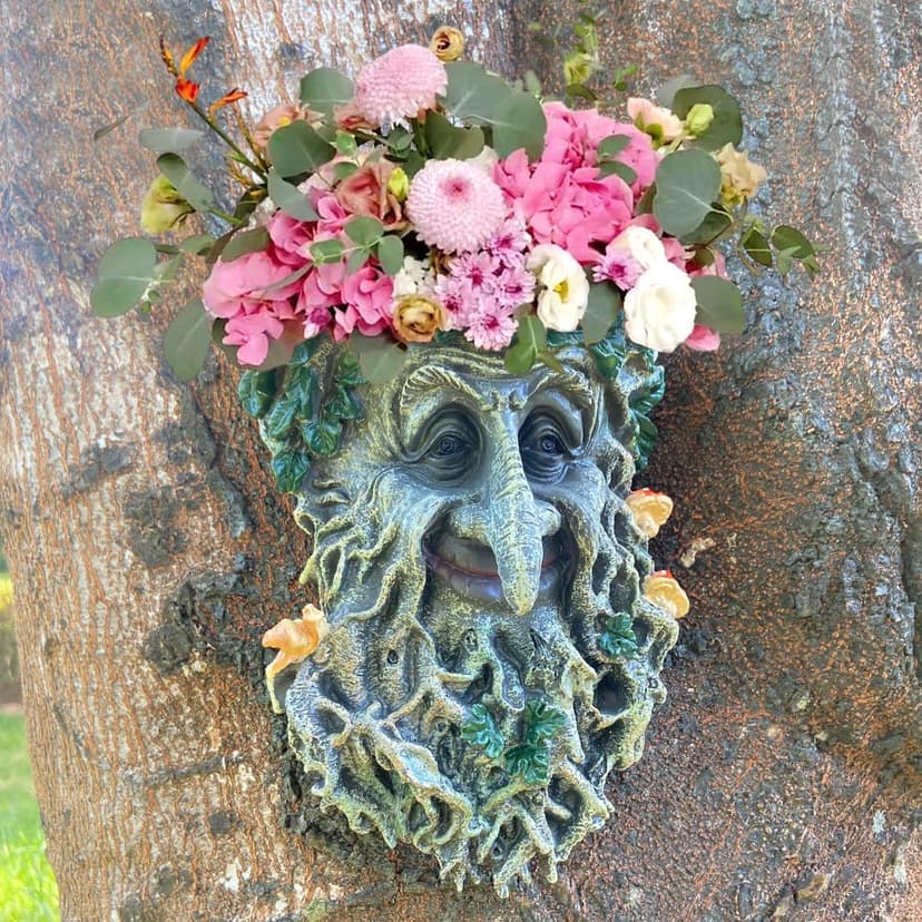 Tree Face Sculpture, Flower Planter Pot Hand-Painted Greenman Tree Face Garden Decoration for and Home Décor