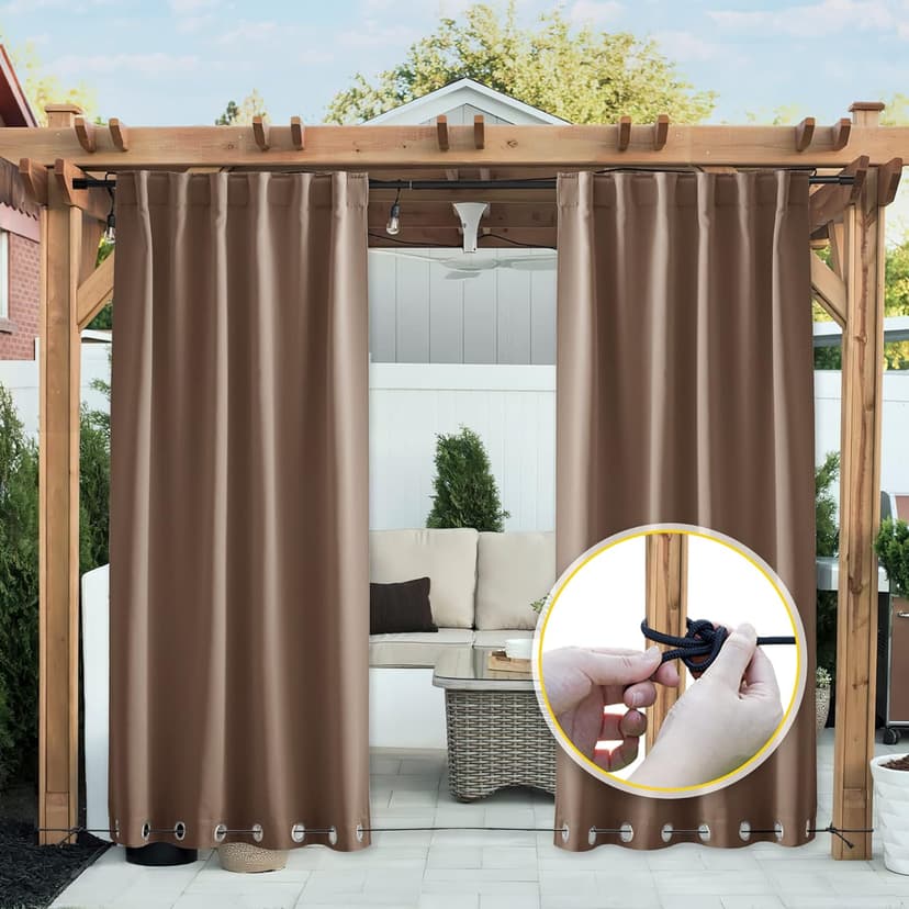 NICETOWN 2 Panels Weighted Blackout Curtains Patio Waterproof Outdoor Curtains, Thermal Insulated Top & Bottom Grommet & Back Tab Wind-Break Drapes Privacy for Pergola, W52 by L84, Tan-Khaki