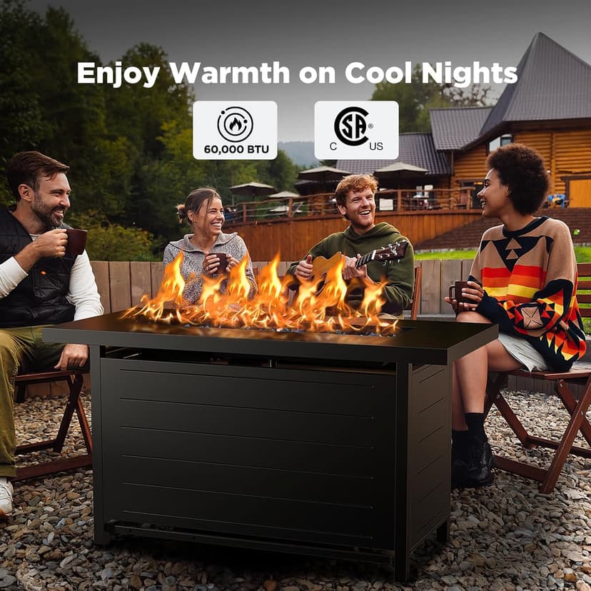 Ciays 43″ Propane Fire Pit with Glass Beads & Lid, 60,000 BTU CSA-Certified Gas Fire Pit with Cup Holders, Hanging Shelf & Nylon Cover, Large Fire Pit Table for Patio/Porch/Deck, Black