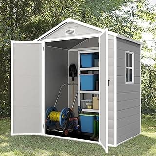 Outdoor Storage Shed 6x4.4FT, Resin Shed Plastic with Floor for Garden Tool,Waterproof Outdoor Resin Storage,Lockable Doors for Patio,Yard,Lawn (LightGray 6x4)