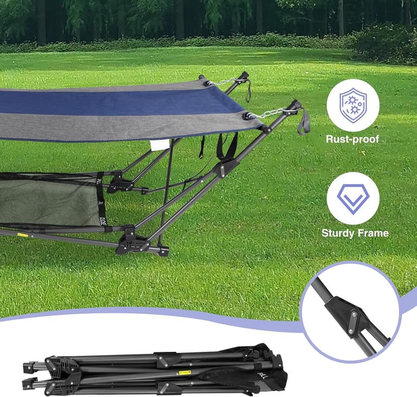 RedSwing Portable Folding Hammock with Stand,Foldable Camping Hammock with Removable Pillow,Storage Net,Foldable Lounge Camping Bed for Adults for Outdoor,Backyard,Beach,Garden,Lawn