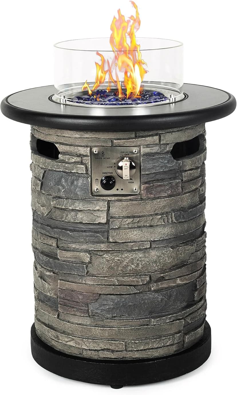 Outdoor Gas Propane Fire Pit Table, Round Porcelain Tile Top 22" Fire Bowl Column W/ 40,000 BTU Firepit Table Auto-Ignition 400D Cover Glass Rocks for Outside Patio