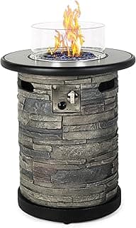 Outdoor Gas Propane Fire Pit Table, Round Porcelain Tile Top 22" Fire Bowl Column W/ 40,000 BTU Firepit Table Auto-Ignition 400D Cover Glass Rocks for Outside Patio