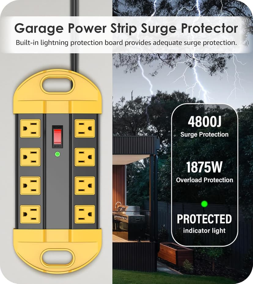 CCCEI Heavy Duty Power Strip Surge Protector, Metal 8 Outlets Power Strip for Appliance. Garage Shop Industrial Workbench 15 AMP Outlets Strip. 6FT Extension Cord, Yellow