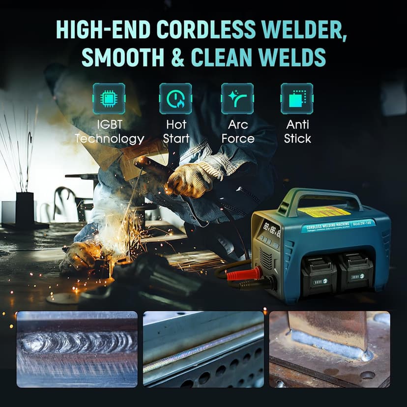 Cordless Welding Machine Upgraded Battery Powered Welder Machine MMA 160A 110V with 4 Batteries Portable LED Display Digital IGBT Inverter Stick Welder Hot Start Portable MMA ARC Welder Machine