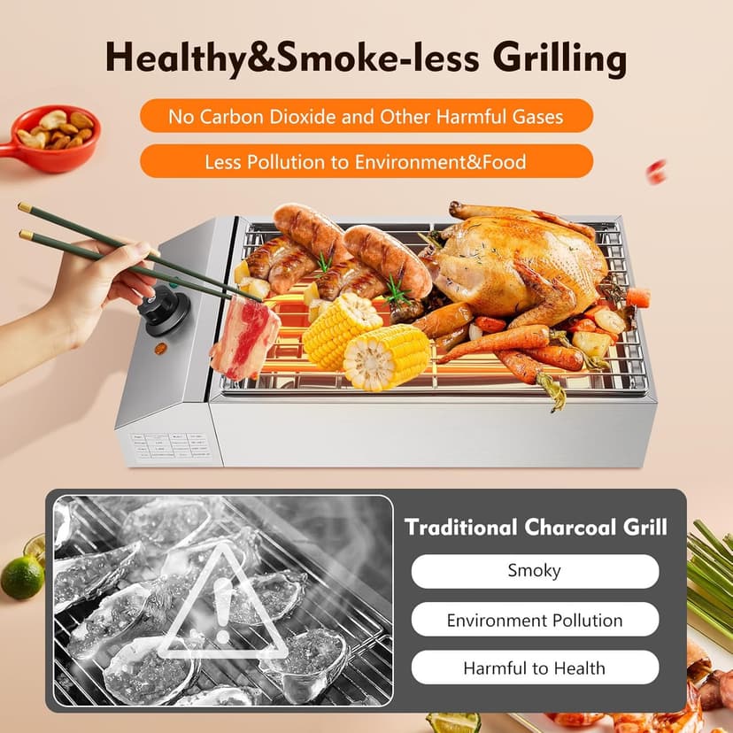 Smokeless Indoor Grill, 1800W Electric Grill with Adjustable Temperature 122°F-302°F and Removable Stainless Steel Griddle, Perfect for Restaurant, Camping, or Party Use