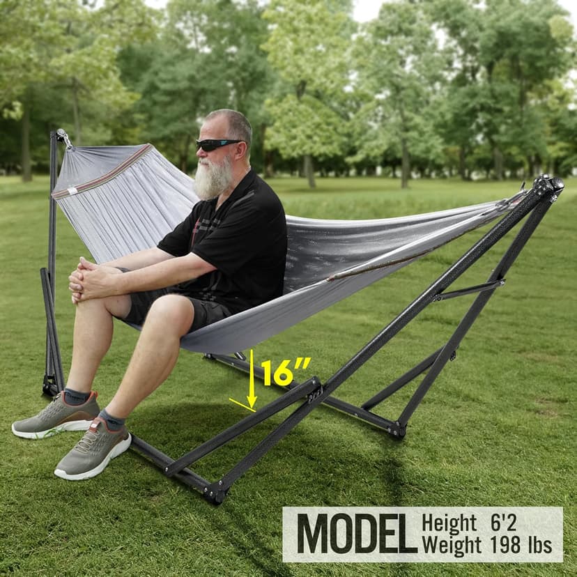 Tranquillo Double Hammock with Stand Included for 2 Persons/Foldable Hammock Stand 600 lbs Capacity Portable Case - Inhouse, Outdoor, Camping, Grey