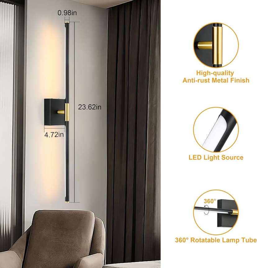 Wall Sconces Set of 2, Modern Hardwired Sconces Wall Decor, 24 Inch Dimmable Sconces Wall Lighting, Black Gold Wall Light Fixtures, 3000K LED Wall Lights for Bedroom, Living Room, Bathroom