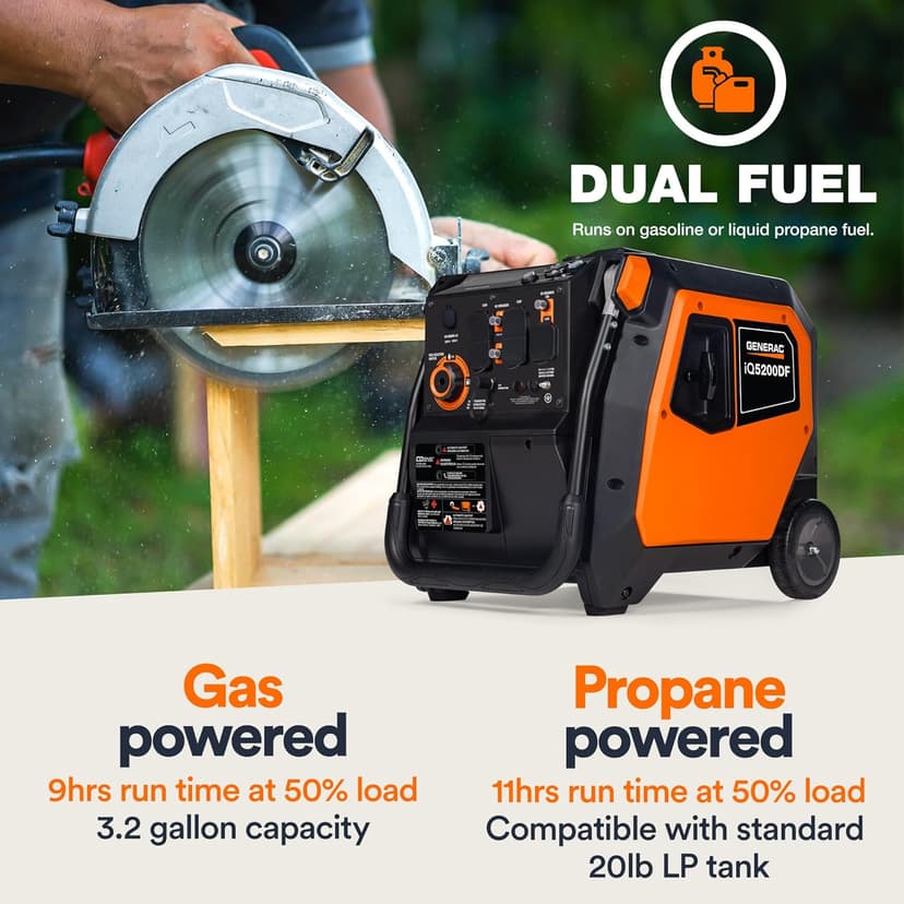 Generac 5,200-Watt Dual-Fuel Portable Inverter Generator - Gas and Propane Compatible - Compact and Lightweight Design - Clean, Stable Power - COsense Technology - Orange/Black - 49 State Compliant