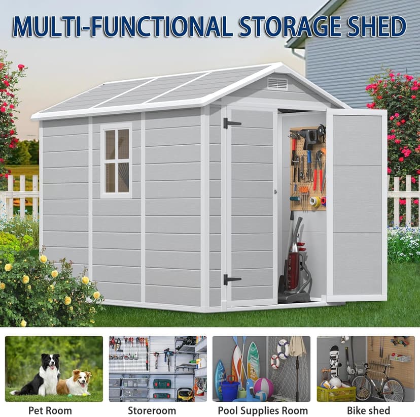 8.7x5.5 FT Outdoor Storage Shed with Floor, Weather-Resistant Resin Shed with Window, Lockable Door and Vents, Plastic Outside Tool Storage Sheds for Garden, Backyard, Lawn