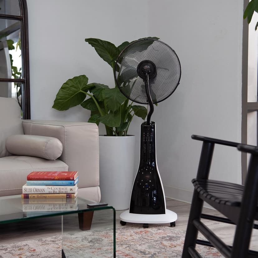 XBrand Oscillating Pedestal Fan with Mist, Misting Fan for Home, Office, Patios with Timer & Remote Control, 47 Inch Height,Black and White