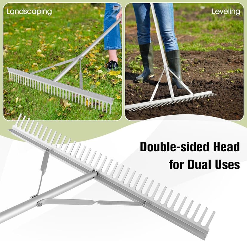 Goplus Landscape Rake 36 Inch, Aluminum Rake Head w/36 Tines and 68" Long Non-Slip Handle, Yard Rake Tool for Loosening & Leveling Soil, Landscaping Rake Beach Garden Lawn Care, Collecting Leaves