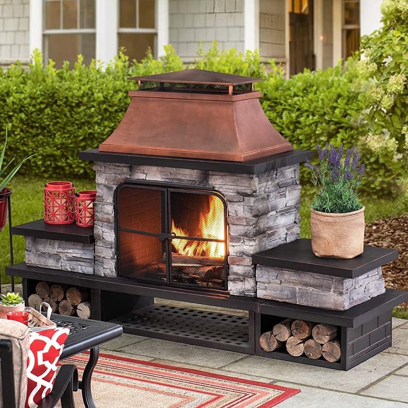 Sunjoy Outdoor Fireplace, Patio Wood Burning Fireplace with Steel Chimney, Mesh Spark Screen Doors, Fire Poker, and Removable Grate, Copper and Black