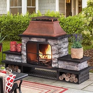 Sunjoy Outdoor Fireplace, Patio Wood Burning Fireplace with Steel Chimney, Mesh Spark Screen Doors, Fire Poker, and Removable Grate, Copper and Black