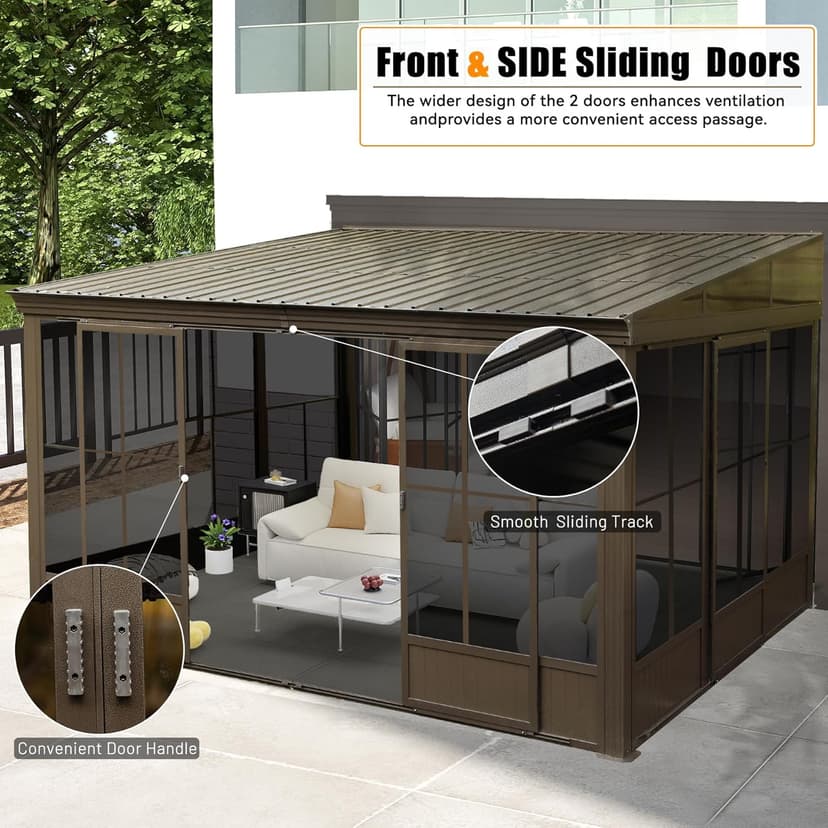 Domi 10'x12' Wall Mounted Sunroom Kit, Small Patio Solarium All Season, Aluminum Enclosed Gazebo with Galvanized Steel Roof, 2 Sliding Doors, Removable PVC Screen, Lean to Sun Room for Backyard, Deck