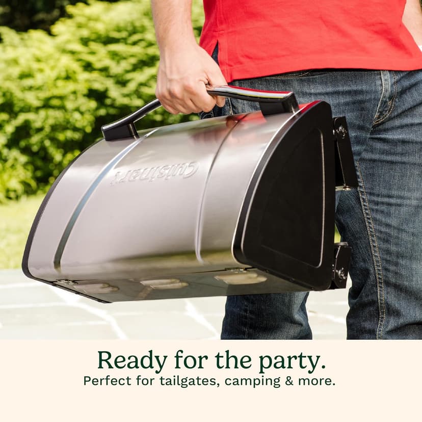 Cuisinart Grillster Portable Gas Grill, Stainless Steel Compact BBQ Grill with Locking Lid for Easy Transport, 8000 BTU Propane Grill with Dishwasher Safe Cooking Grate, Small Grill for Camping & BBQ