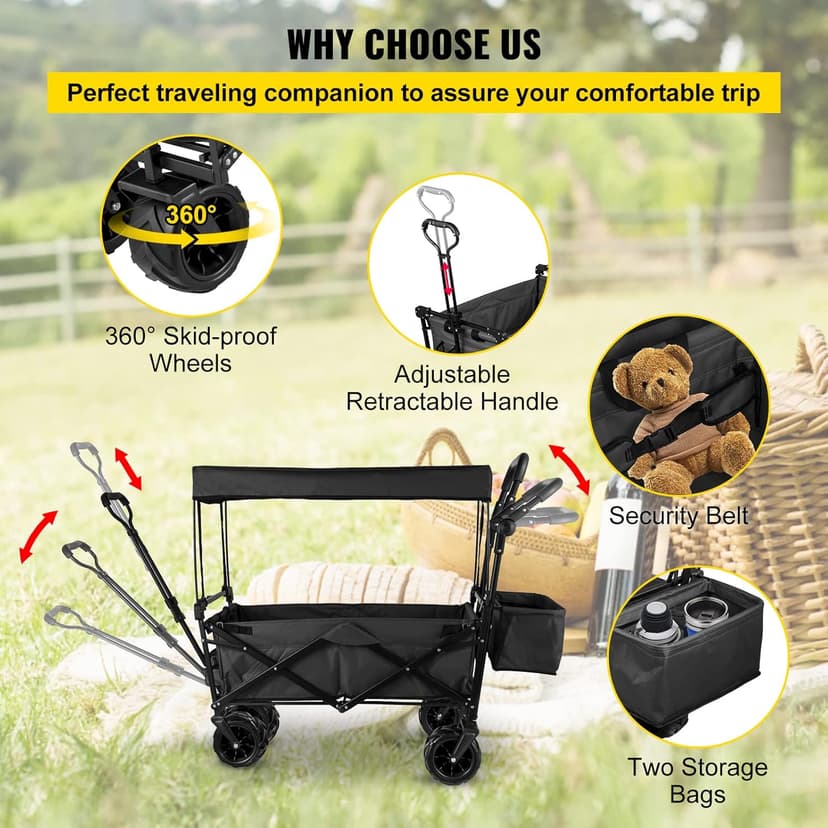 Happbuy Extra Large Collapsible Garden Cart with Removable Canopy, Folding Wagon Utility Carts with Wheels and Rear Storage, Wagon Cart for Garden, Camping, Grocery Cart, Shopping Cart, Black
