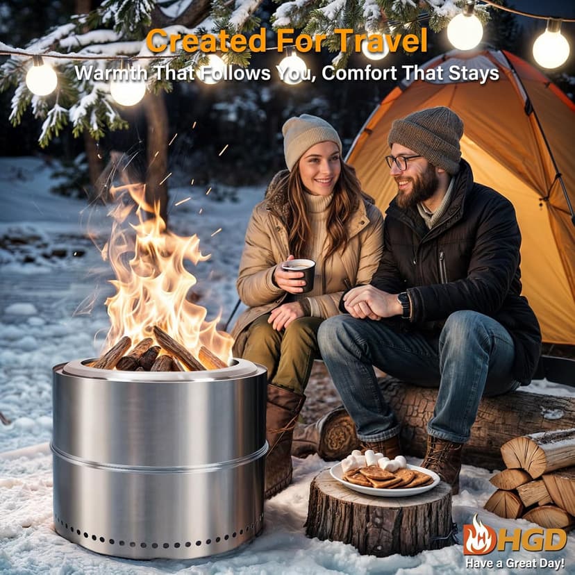 HGD 20 inch Smokeless Firepit Outdoor, Portable Smokeless Fire Pit for Camping with Travel Bag, Stainless Steel Wood Burning Stove for Backyard & Patio, Easy Setup & Compact Storage