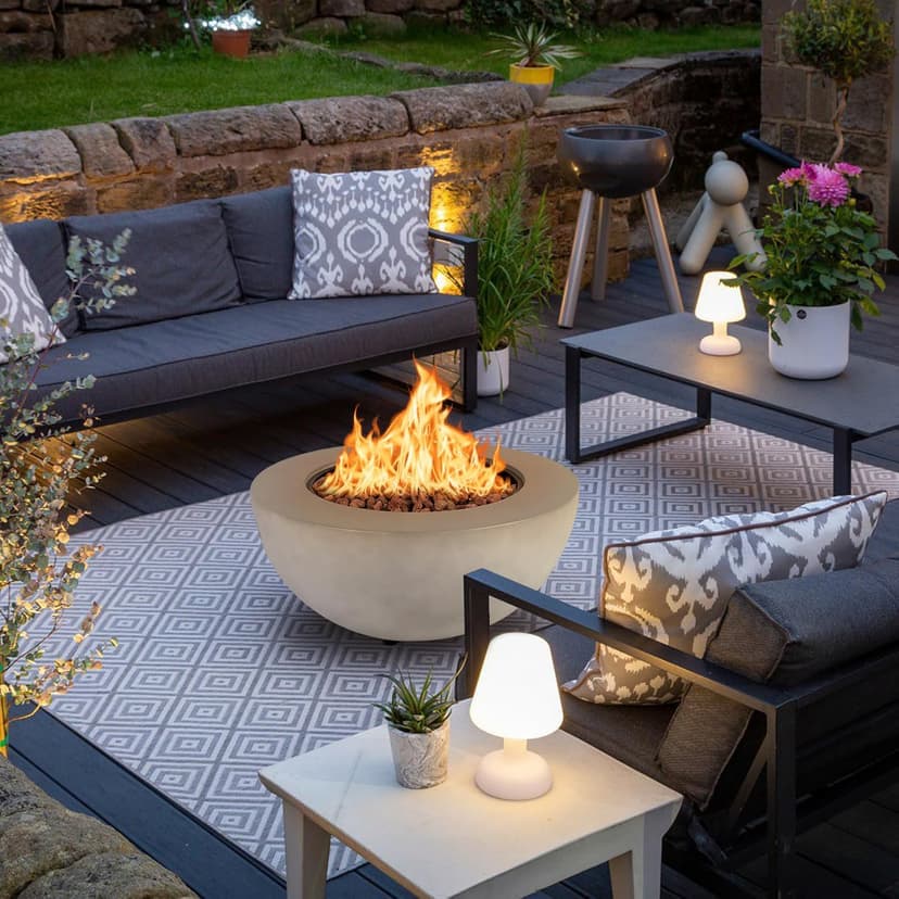 Outdoor Propane Fire Pit Table - 31.5 Inch Concrete Round Fire Table Bowl 50,000 BTU Gas FirePit Burner with Steel Lid, Lava Rocks, Rain Cover for Outside Patio, Backyard, Party