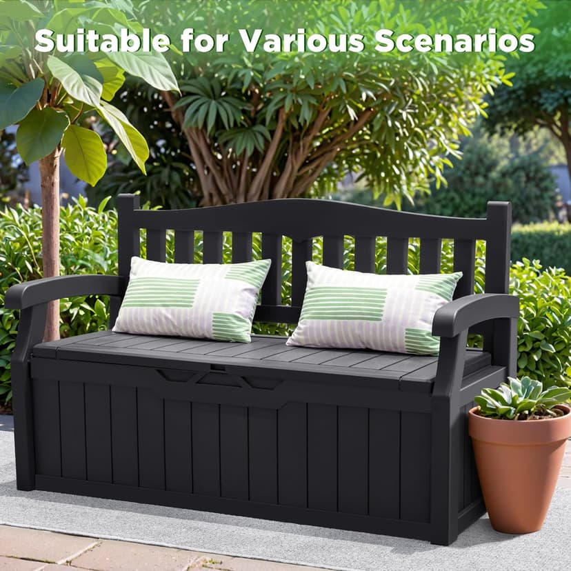 Greesum 80 Gallon Storage Bench Outdoor Deck Box with Armrest, Patio Furniture,Lockable, Waterproof and UV Resistant, Suitable for Garden, Pool, Black