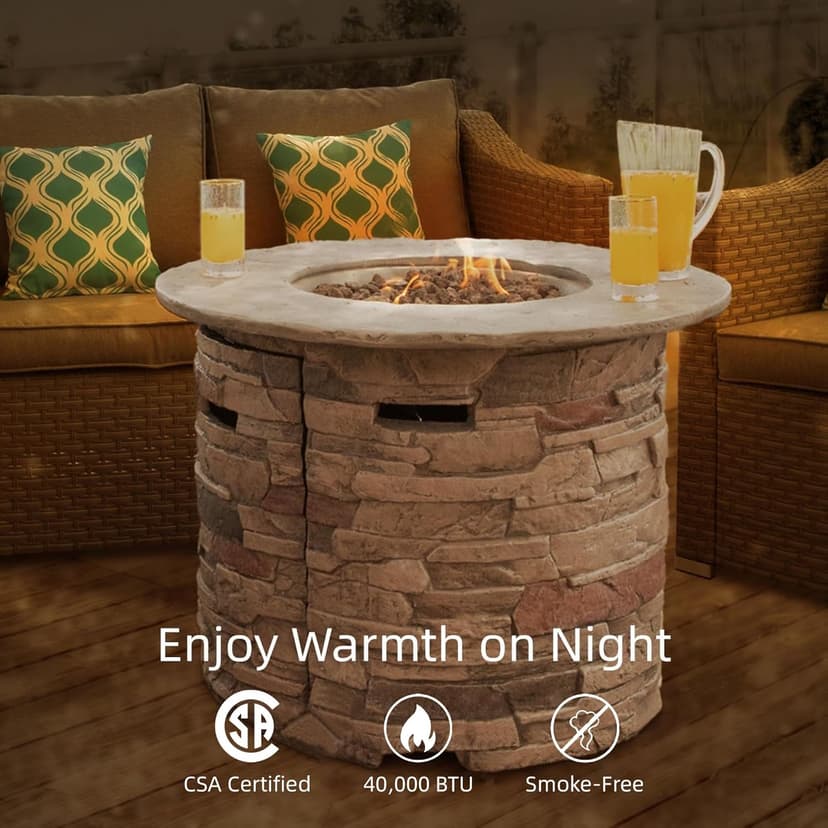 SUNBURY Outdoor Fire Pit Propane Round Fire Pit Table Fire Column, Stonecrest 40,000 BTU Gas Fire Pits for Outside w Lava Rocks, Waterproof Cover, CSA Certified