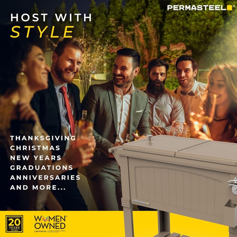 Permasteel 80-Qt Rolling Patio Cooler with Storage Shelf, Large Beverage Cart for Outdoor Entertaining, Backyard, Deck & Parties, Antique Teak Style, Taupe + Bonus Cover