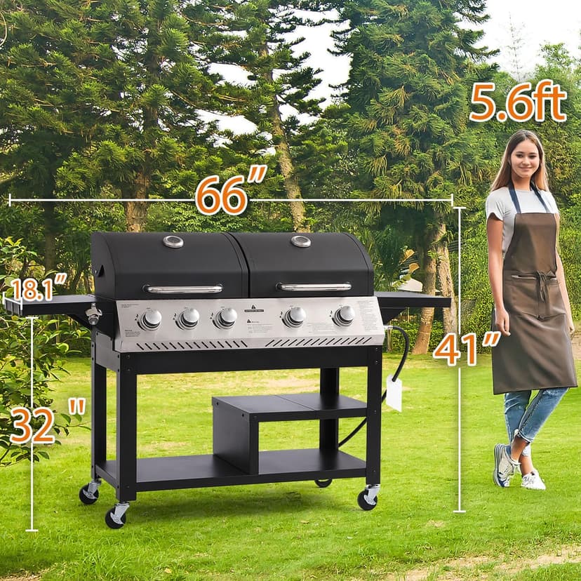5-Burner Propane Gas Grill,griddle grill combo Double Grills with Storage space,54,000 BTU 627 SQ.IN.Output Stainless Steel Grill for Outdoor Cooking Kitchen, Garden and Patio Backyard Barbecue