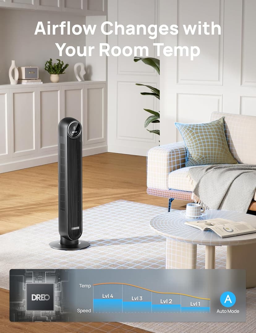Dreo Tower Fan for Bedroom, 25ft/s Velocity 28dB Quiet Floor Fan, 90° Oscillating Fans for Indoors with 4 Speeds, 4 Modes, 8H Timer, Bladeless Standing Fan, Black, Nomad One (DR-HTF007)