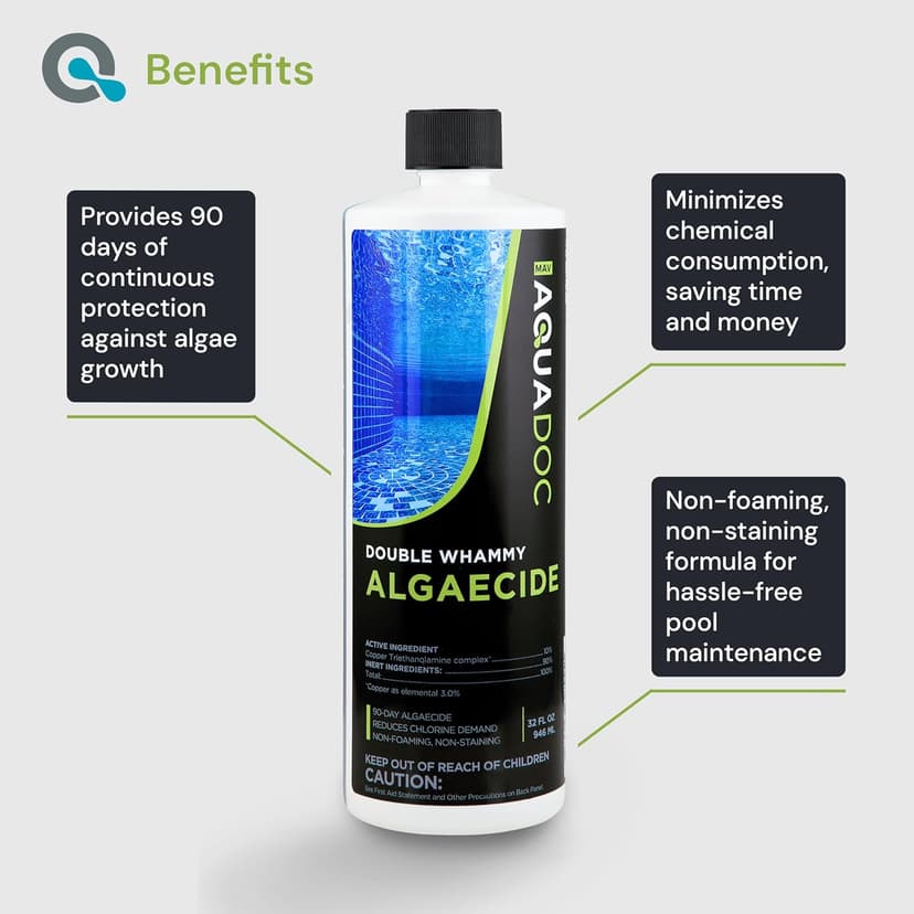 Copper Pool Algaecide for Swimming Pool - 90 Day Algaecide for Inground Pool to Prevent and Remove Pool Algae - Super Algaecide for Pool Opening - AquaDoc 32oz