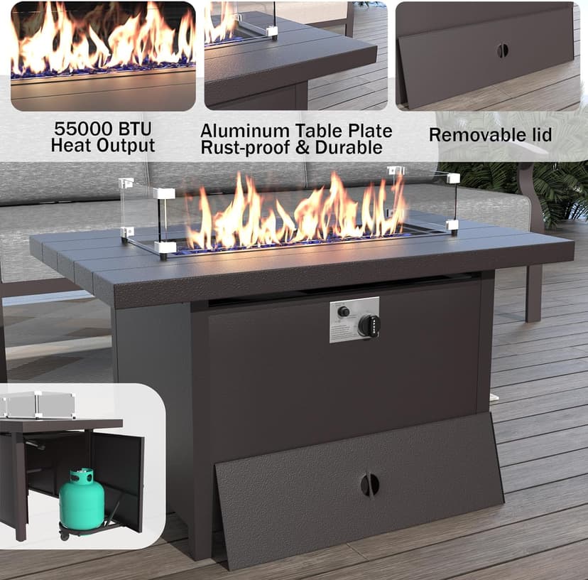 ALAULM Aluminum Patio Furniture Set with Propane Fire Pit Table 5-seat Metal Outdoor Furniture w/Fire Pit Patio Sectional Sofas w/5.2" Cushions for Patio, Backyard, Poolside-Grey
