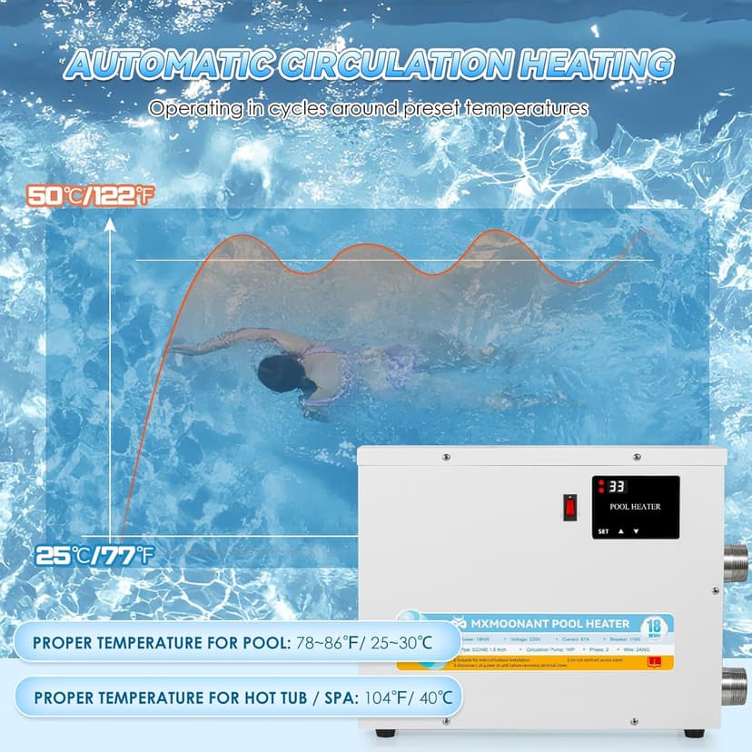 Mxmoonant SPA Heater, 18KW 220V Swimming Pool Heaters Hot Tub Water Thermostat with Touchscreeen for Above Ground Inground Pool, Spa, Bathtub