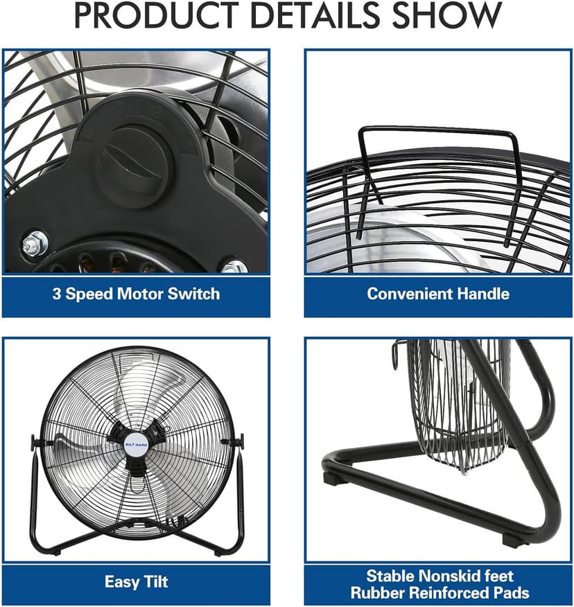 BILT HARD 20" High Velocity Floor Fan, 4600 CFM 3-Speed Industrial Shop Fan with Wall-Mounting System, Heavy Duty Metal Fan for Workshop, Garage and Warehouse