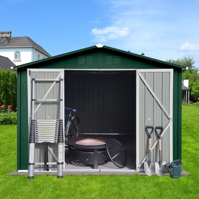 10x8 FT Metal Garden Sheds with Hinged Door and Padlock & Punched Vents,Aluminum Outdoor Storage Shed w/Eco-Friendly Painting,for Bike, Barbeque,Tool,Green+White