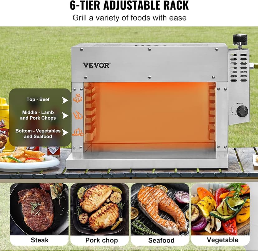 VEVOR Propane Steak Grill, Portable Propane Steak Cooker, 1500°F Stainless Steel Barbecue Infrared Grill with 6-Tier Adjustable Rack, Steak Cooker Machine for BBQ, Toast, Grill, Outdoor Picnic