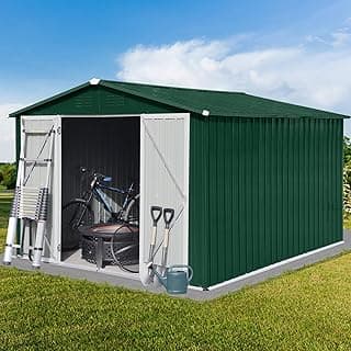10x8 FT Metal Garden Sheds with Hinged Door and Padlock & Punched Vents,Aluminum Outdoor Storage Shed w/Eco-Friendly Painting,for Bike, Barbeque,Tool,Green+White