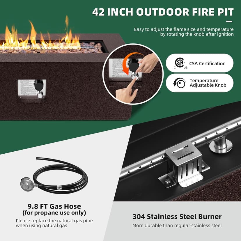 UPHA 42-inch Outdoor Propane Gas Fire Pit Table 50000 BTU Iron Rectangle FirePit for Outside Patio with Tank Hidden Table, Removable Lid, Lava Rocks, Rain Cover, Brown