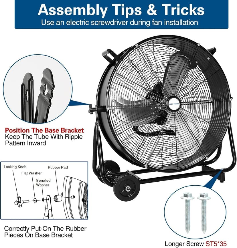 BILT HARD 24" 8100 CFM High Velocity Industrial Drum Fan, 3-Speed Heavy Duty Metal Shop Fan for Warehouse, Workshops, Garage, Factory and Basement - UL Listed