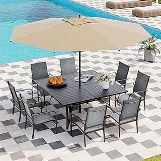 9 Pieces Patio Dining Table Set, Dining Table Set for 8 with Chairs, Patio Table with Umbrella Hole, Square Metal Dining Table with 8 Textilene Dining Chairs for Garden Deck Backyard Lawn Balcony