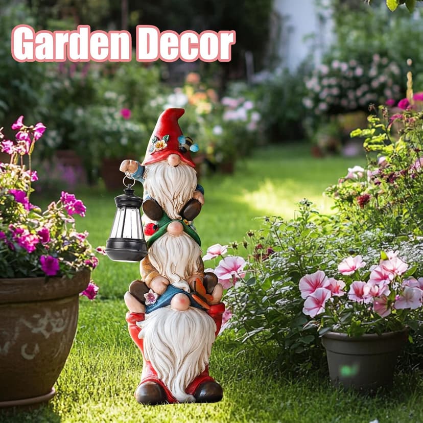 Garden Gnome Statue with Solar Lights Large Garden Sculptures Funny Triple Gnome Outdoor Patio Lawn Yard Balcony Garden Home Decor Gifts for Women Mom 12 in Fathers Day Gnome
