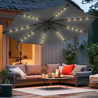 wikiwiki 10ft Solar LED Offset Hanging Market Cantilever Patio Umbrella for Backyard, Poolside, Lawn and Garden, Easy Tilt Adjustment, Polyester Shade & Cross Base, Dark Gray