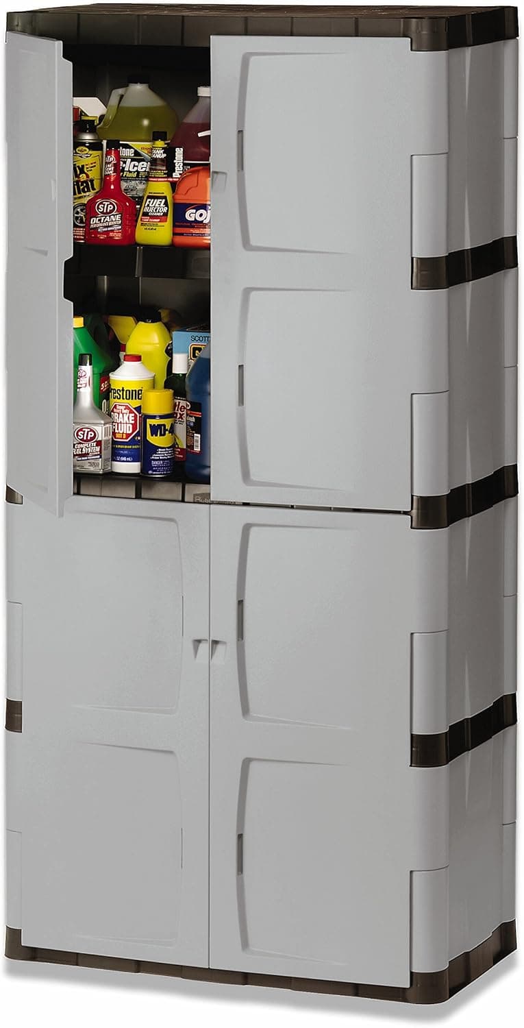 Rubbermaid Freestanding Storage Cabinet, Five Shelf with Double Doors, Lockable, Large, 690-Pound Capacity, Gray, For Garage/Outdoor, Garden Tools/Toys/Power Tools/Pool Accessories, Grey