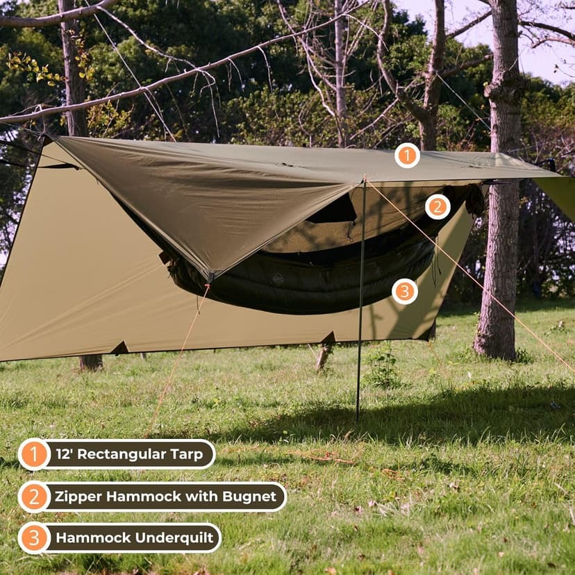 onewind 12×10 ft Hammock Tarp, Ultralight Tarp Silnylon Hammock Rain Fly Lightweight Waterproof Camping Tent Tarp with Doors, Easy to Setup with Stuff Sack, Tent Stakes, OD Green